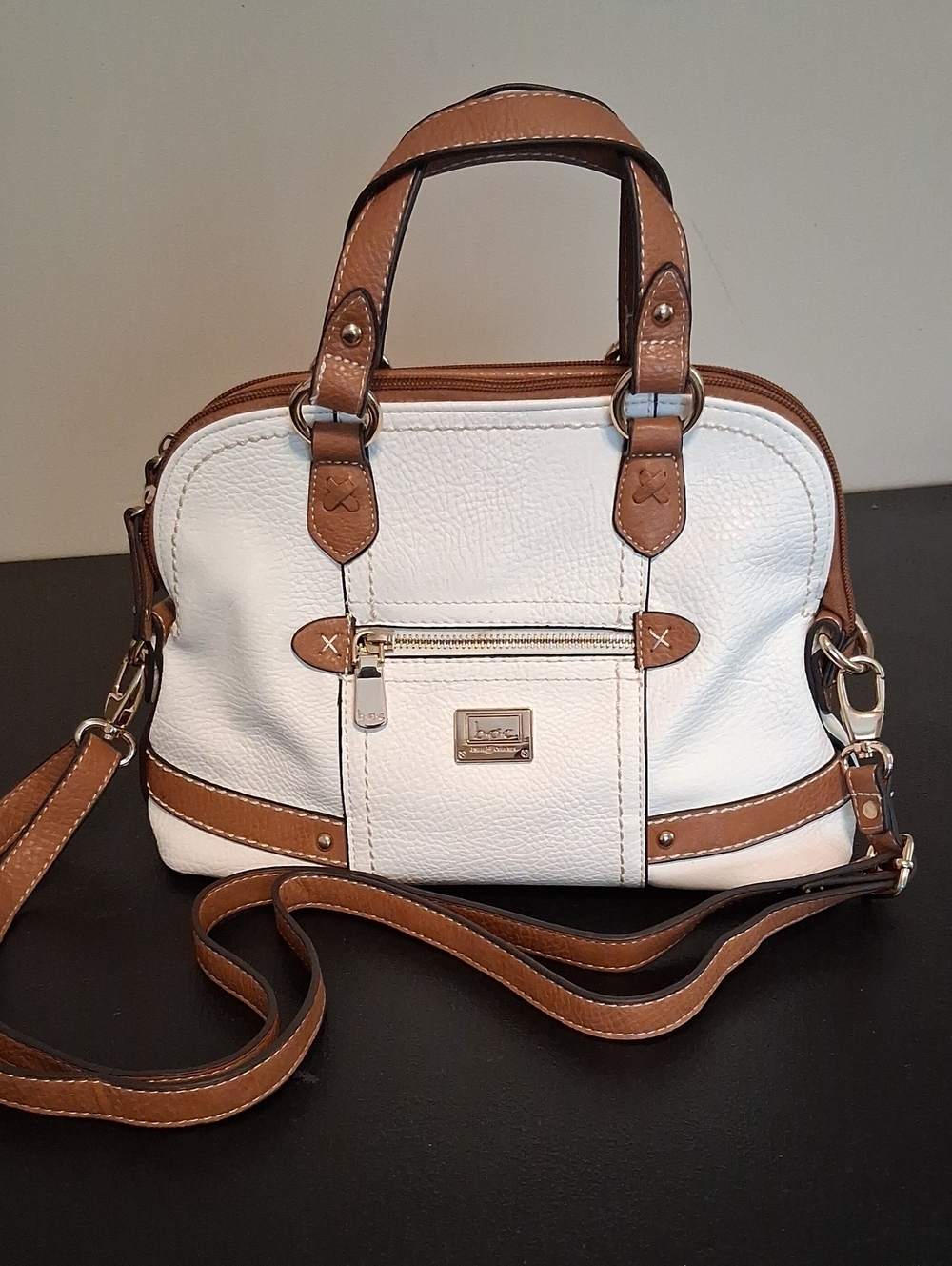 b.o.c. White and Tan Faux Leather Satchel Handbag Shoulder Bag Crossbody Purse